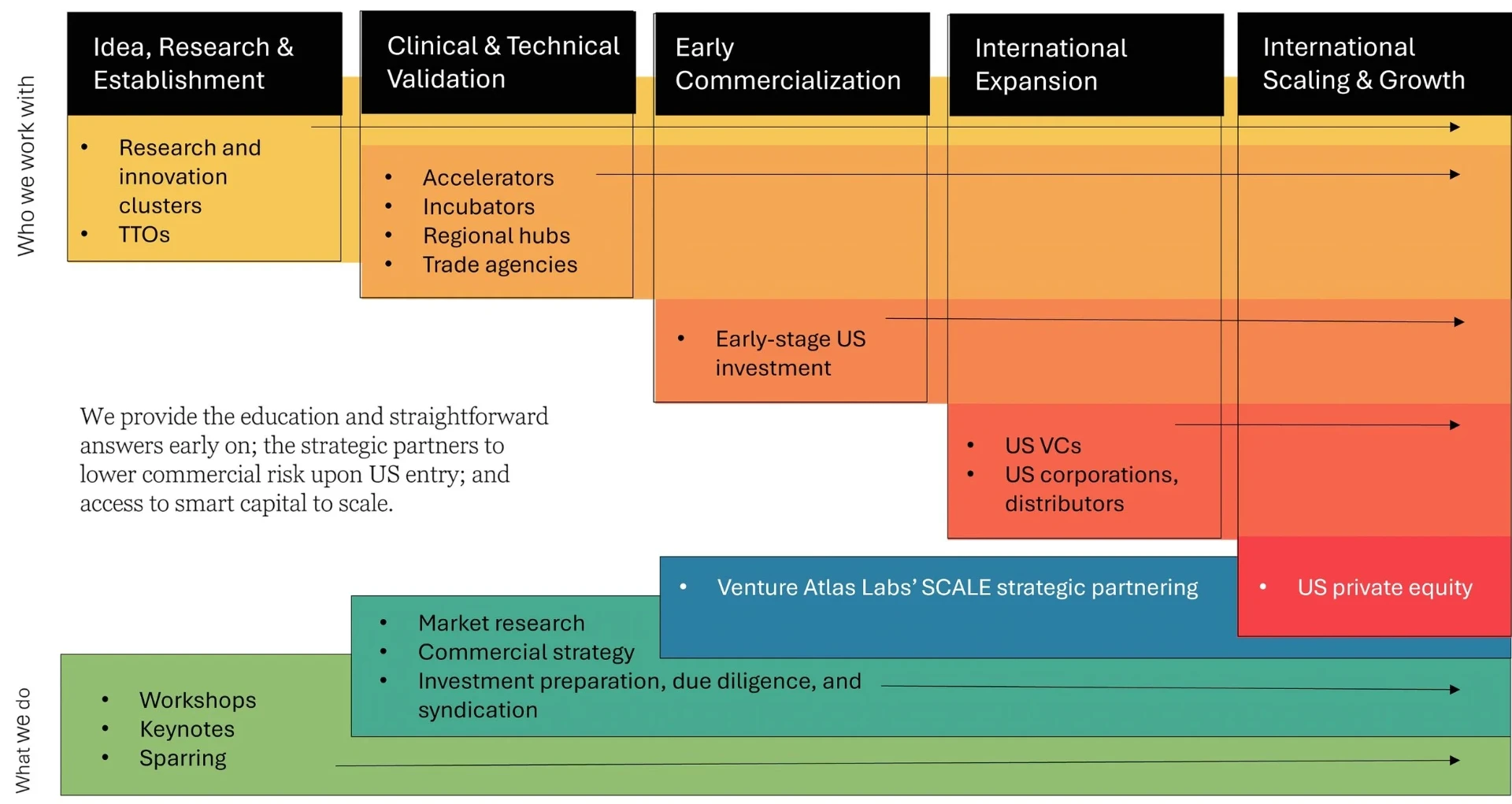 Service chart: who we work with and what we do, from idea and research through international scaling and growth